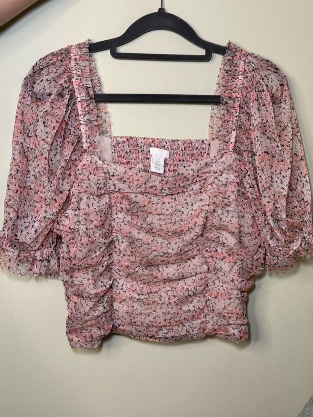 H&M Pink Floral Smocked Square-Neck Crop Top